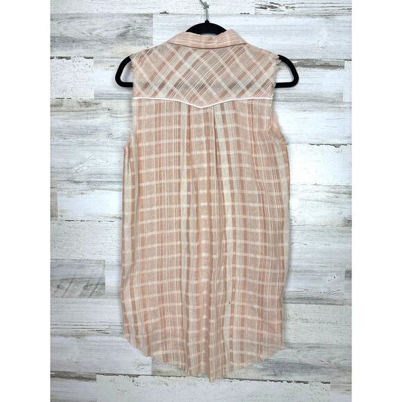 POL Women’s Small Peach White Plaid Sleeveless Boho Western Blouse Top NWT - Picture 2 of 5